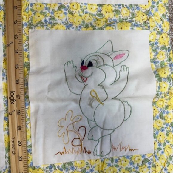 9 Panel Hand Embroidered Handsewn Baby Blanket Precious Moments Rabbit Duck Bear - Picture 11 of 12